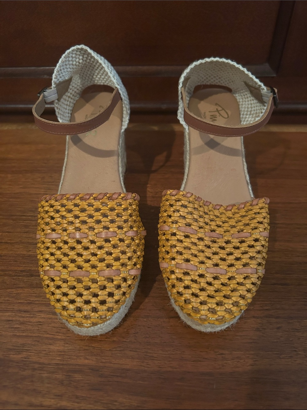 Woven Leather Espadrille Wedges in Mustard Yellow with Ankle Strap